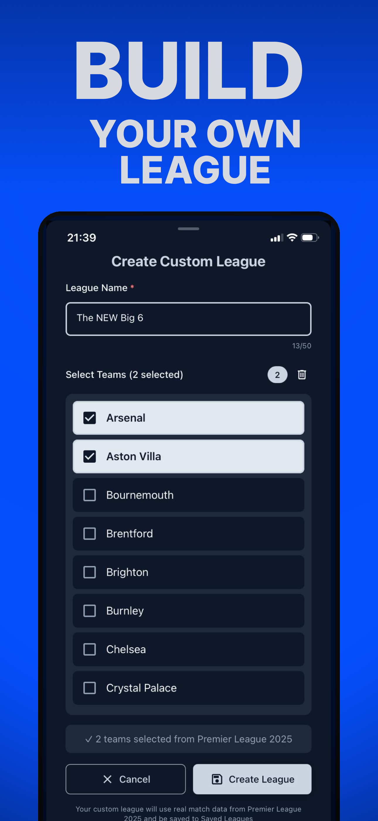LeagueBuilder mobile app interface for building custom football leagues