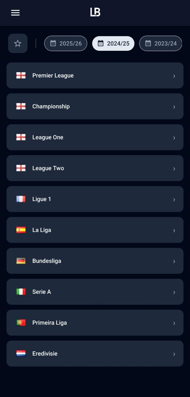 League selection home screen